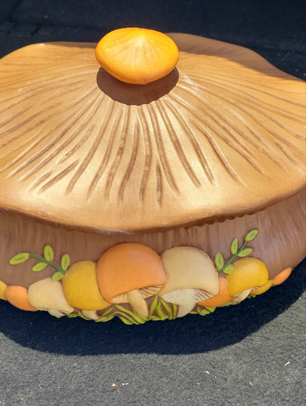 Handcrafted Woodland Mushroom 1970 Ceramic Covered Dish in Brown and Orange